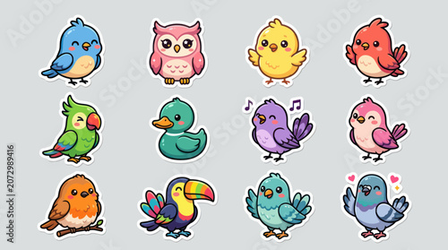 Cute cartoon birds collection sticker set