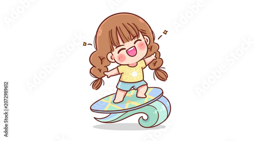 Tableau sur toile Cute cartoon girl surfing on a wave with pigtails and a sunny t-shirt, happy expression