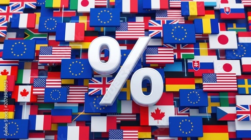 3d percentage sign floating over a background of various international flags