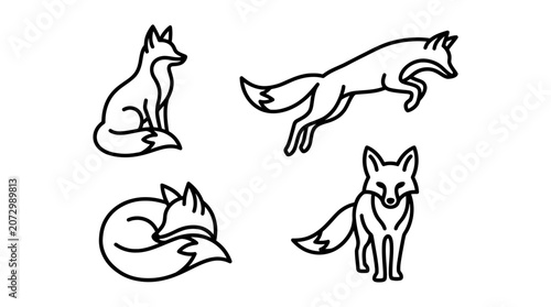 Four foxes depicted in a simple line art style illustration.