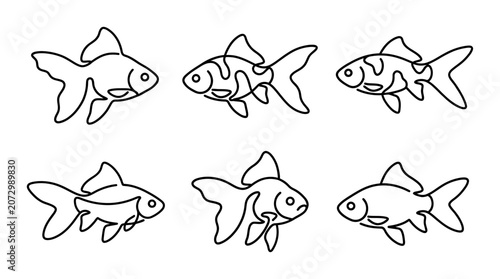 A line art illustration of six fish swimming in different directions.