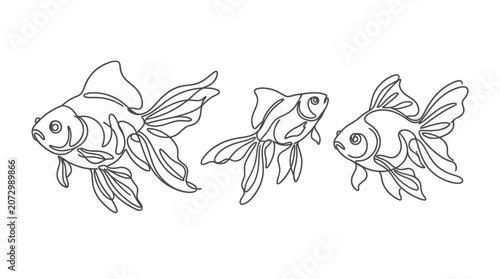 Three goldfish are illustrated in line art swimming together.