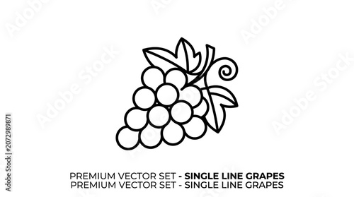 A line art illustration of a bunch of grapes with leaves on a single line drawing