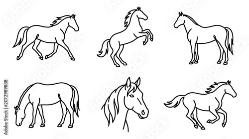 A line art illustration of horses in various poses and movements