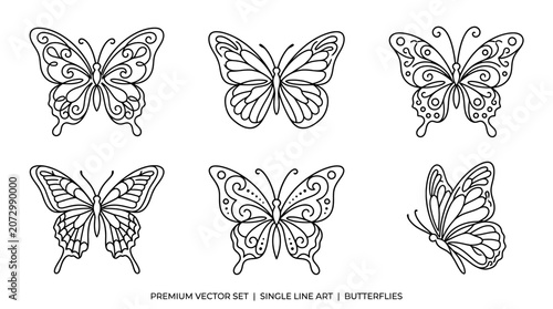 A set of six butterflies in single line art style illustrations