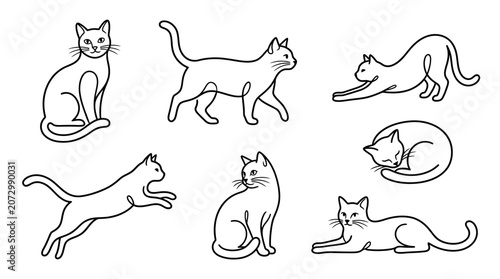 A group of cats in various line art poses and movements