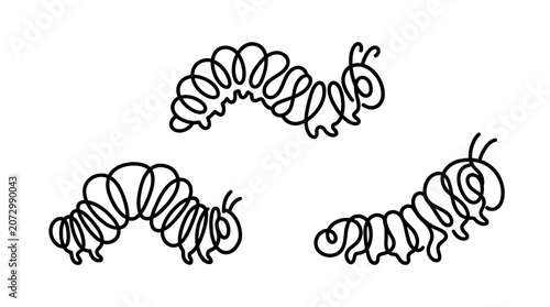 A line art illustration of three caterpillars crawling in different directions.