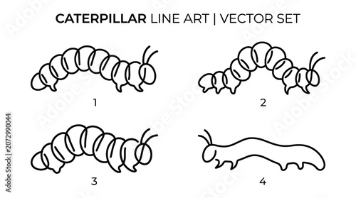 A set of four caterpillar line art illustrations in different poses