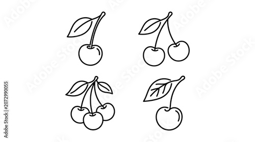 A line art illustration of four cherries with leaves on stems