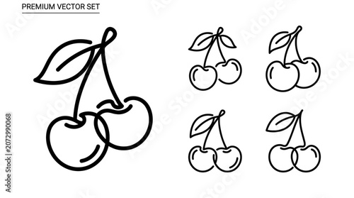 A set of line art cherries with leaves are depicted in various views