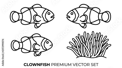 Line art illustration of clownfish swimming near sea anemone underwater.