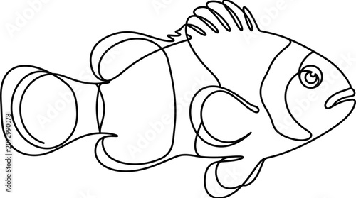 A line art illustration of a single fish with fin and eye