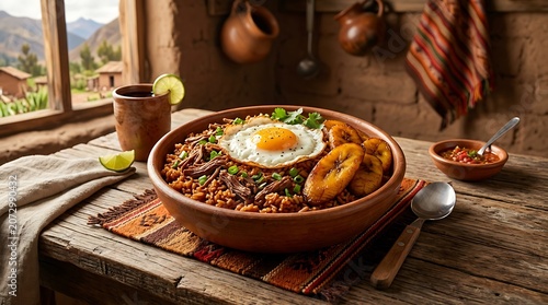 Traditional Bolivian Majadito dish with egg and plantains on wooden table
