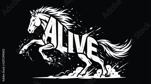 Obraz na plátně Bold of a running horse with the word alive integrated into its body silhouette