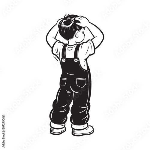 Back View Illustration Of Young Boy In Striped Overalls Holding His Head.