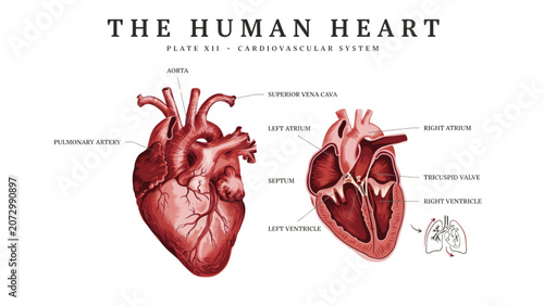 Tableau sur toile Human heart illustration showing front and back views with blood vessels and cha