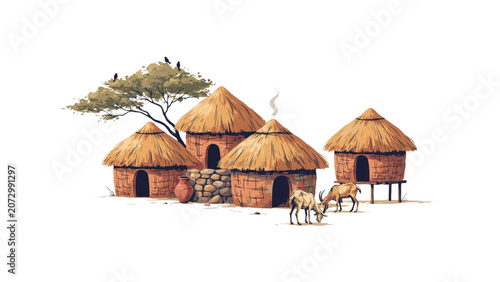Fotografija African village scene with thatched huts and people walking near trees in a rura