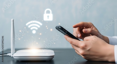 Hands holding a smartphone next to a wireless router with a lock and wifi symbol