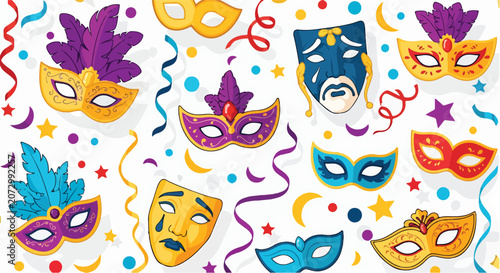 Slika na platnu A colorful illustration of various masquerade masks and confetti