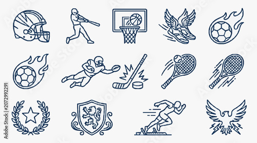 Bild auf Leinwand Modern Minimalist Line Art Icons Set of Sports Athletics and Symbols in Blue Bla