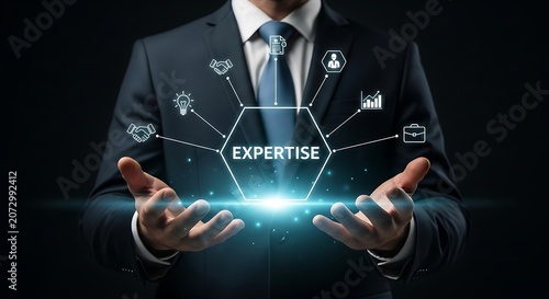 Businessman presenting expertise concept with glowing icons and connections