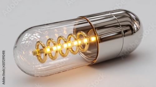 Bulb Lighting Lamp Reflector with Golden Glow and Chrome Metal Shell on Neutral Background, 3d Render Concept