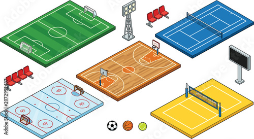 Fotografie Isometric Sports Fields Soccer Pitch Basketball Court Tennis and Volleyball Net