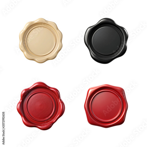 Four wax seals in gold black and red tones isolated on transparent background