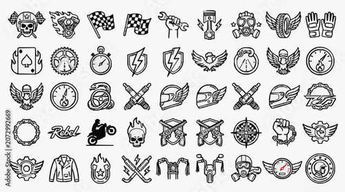 Fotografie Professional Black and White Icons Set Featuring Motorcycle Racing Aviation Mech