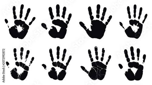 Bild auf Leinwand Set of Handprints: A collection of eight diverse handprints, each unique in size and imprint, showcasing human individuality