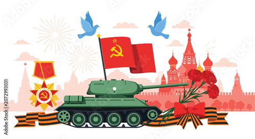 Slika na platnu A green tank with a soviet flag on top