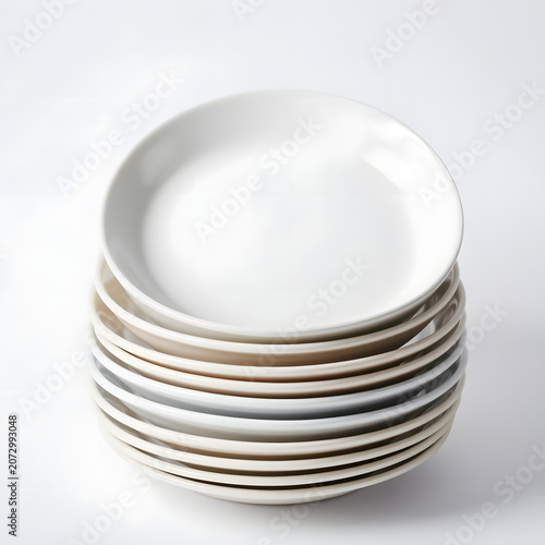 Stack of White Ceramic Plates on White Background, Professional Kitchenware Product Photography
