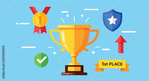Fotografie A digital illustration of a gold trophy surrounded by symbols of achievement