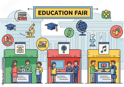 Valokuva A colorful illustration promoting an education fair with various booths and icon