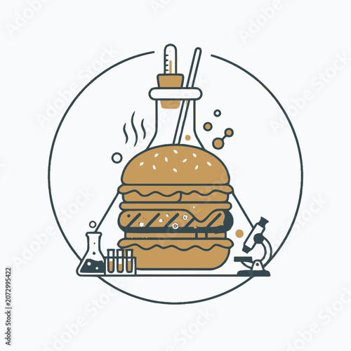 Burger in Flask with Microscope and Test Tubes - Food Science Concept