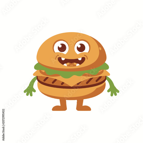 Funny cartoon hamburger character with arms and legs, smiling, isolated on white background