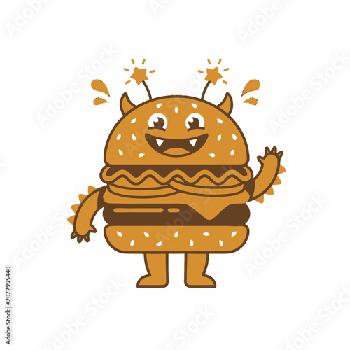 Cute burger monster character waving hello, cartoon style, fun food icon