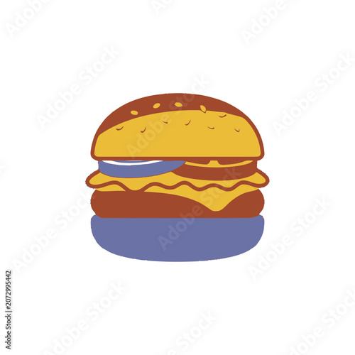 Stylized Burger Illustration with Cheese, Onion Rings and Patty