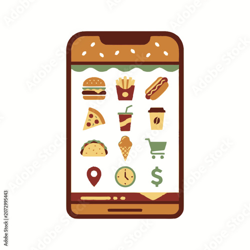 Food Delivery App Interface: Burger, Fries, Pizza, Tacos on Smartphone Screen