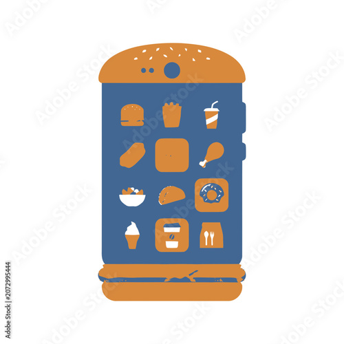 Smartphone screen displaying fast food app icons, burger phone design, online ordering concept