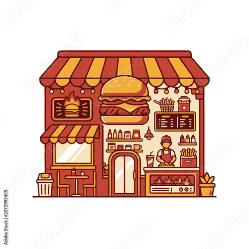 Cute Burger Shop Exterior with Chef and Outdoor Seating
