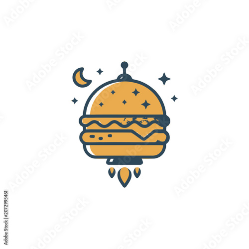 Burger Spaceship Launching into Night Sky with Moon and Stars