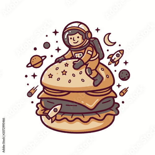Astronaut Riding Giant Burger in Outer Space with Planets and Rockets