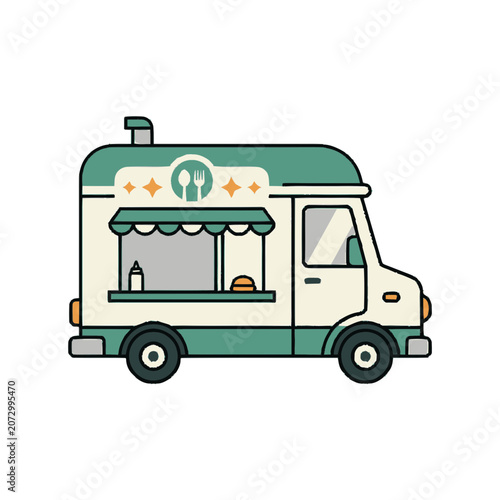 Cute food truck illustration with green and beige colors, serving fast food snacks.