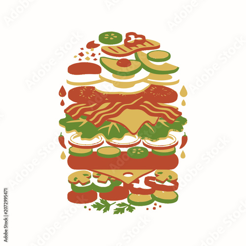 Vibrant Illustrated Stacked Burger with Bacon, Avocado, and Vegetables