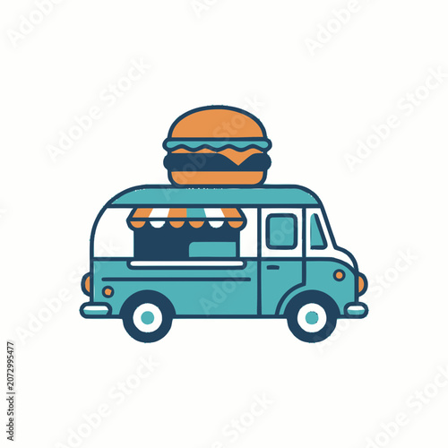 Illustration of a teal food truck serving burgers with an orange bun on top.