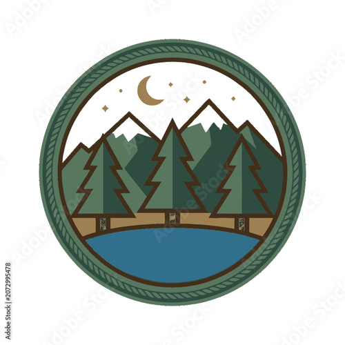 Circular Mountain Forest Lake Emblem with Crescent Moon and Stars