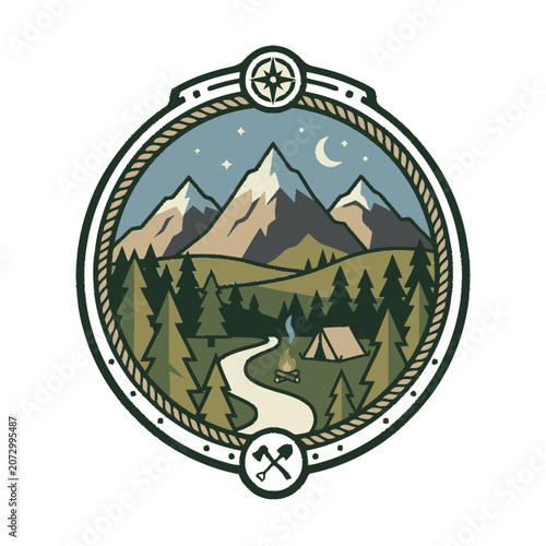 Adventure Camping Scene: Mountains, Forest, Tent, Campfire, Stars, Moon, Compass Emblem