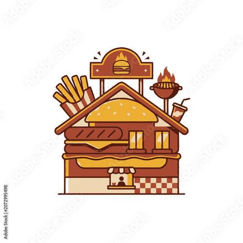 Burger House Restaurant Building Illustration - Fast Food Architecture