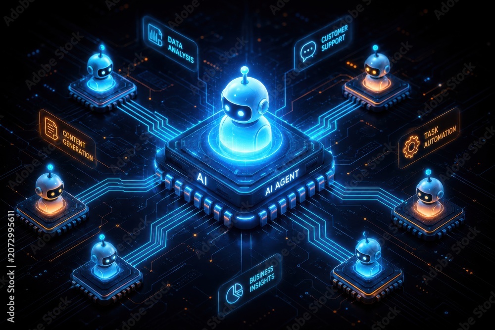 Fototapeta premium AI agents work on tasks like data analysis, customer support, content generation, and task automation